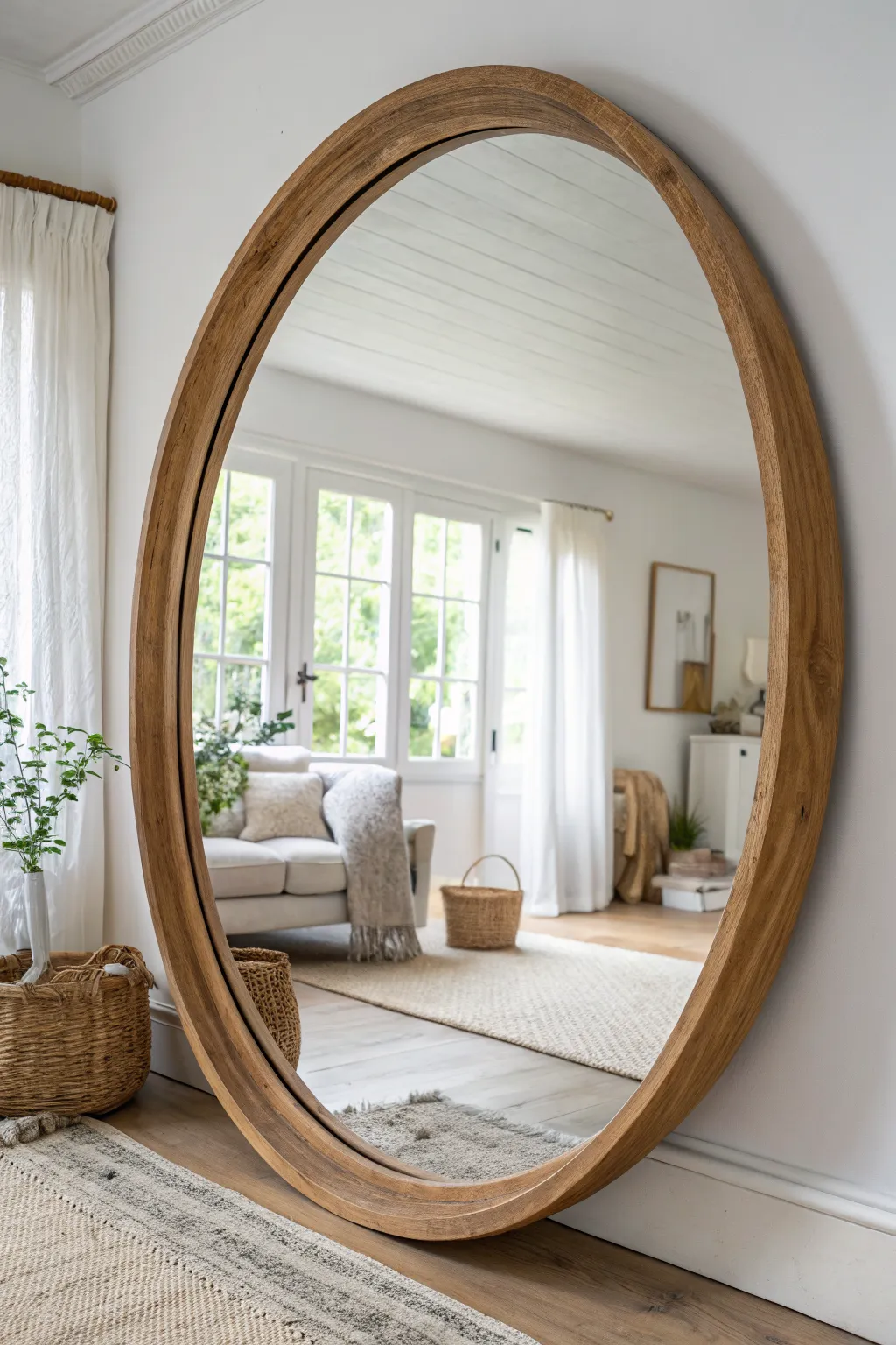 A statement mirror reflecting window light to brighten a calm, minimal Scandinavian living room