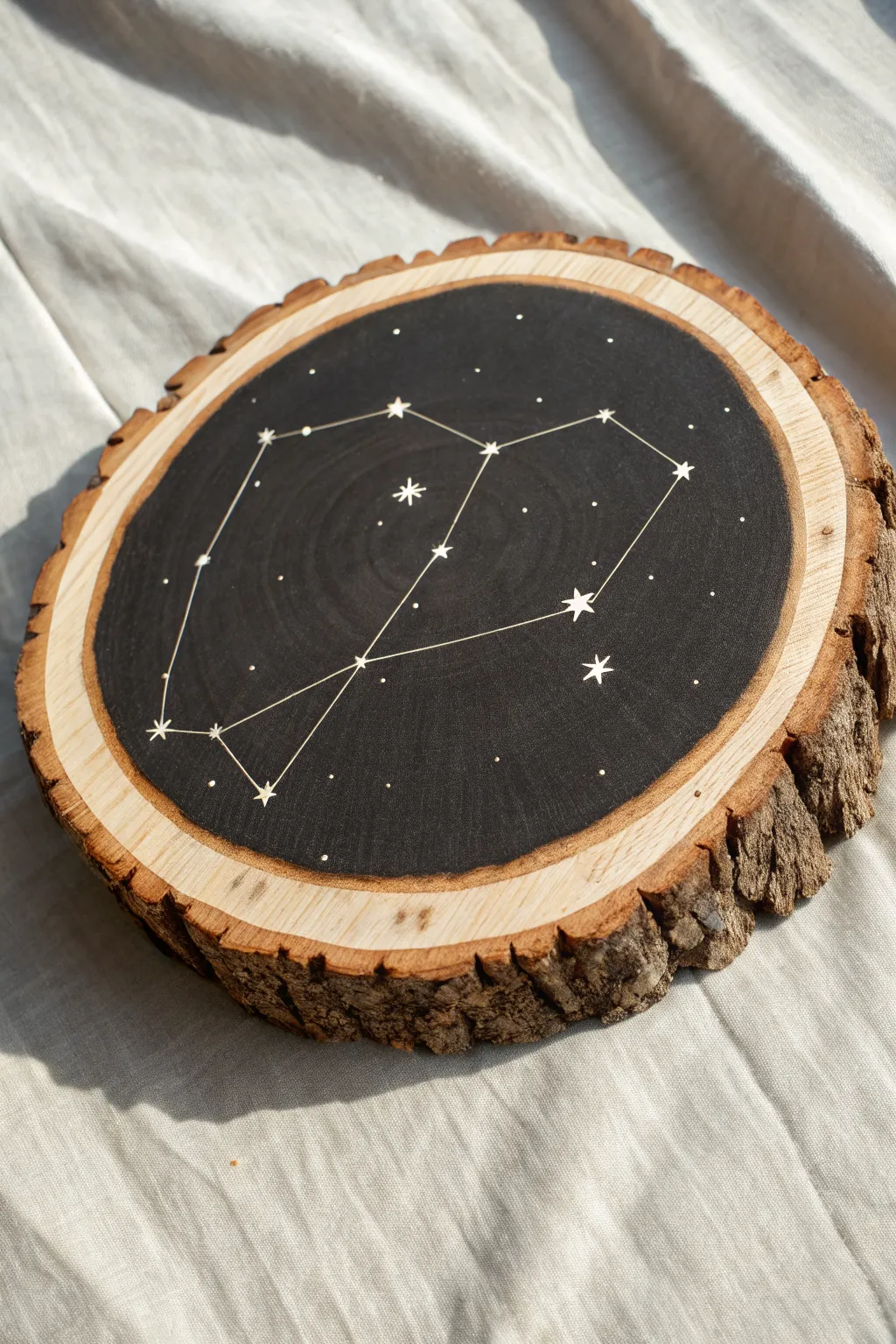 Minimalist boho constellation map painted on a wood round, an easy night-sky log art idea