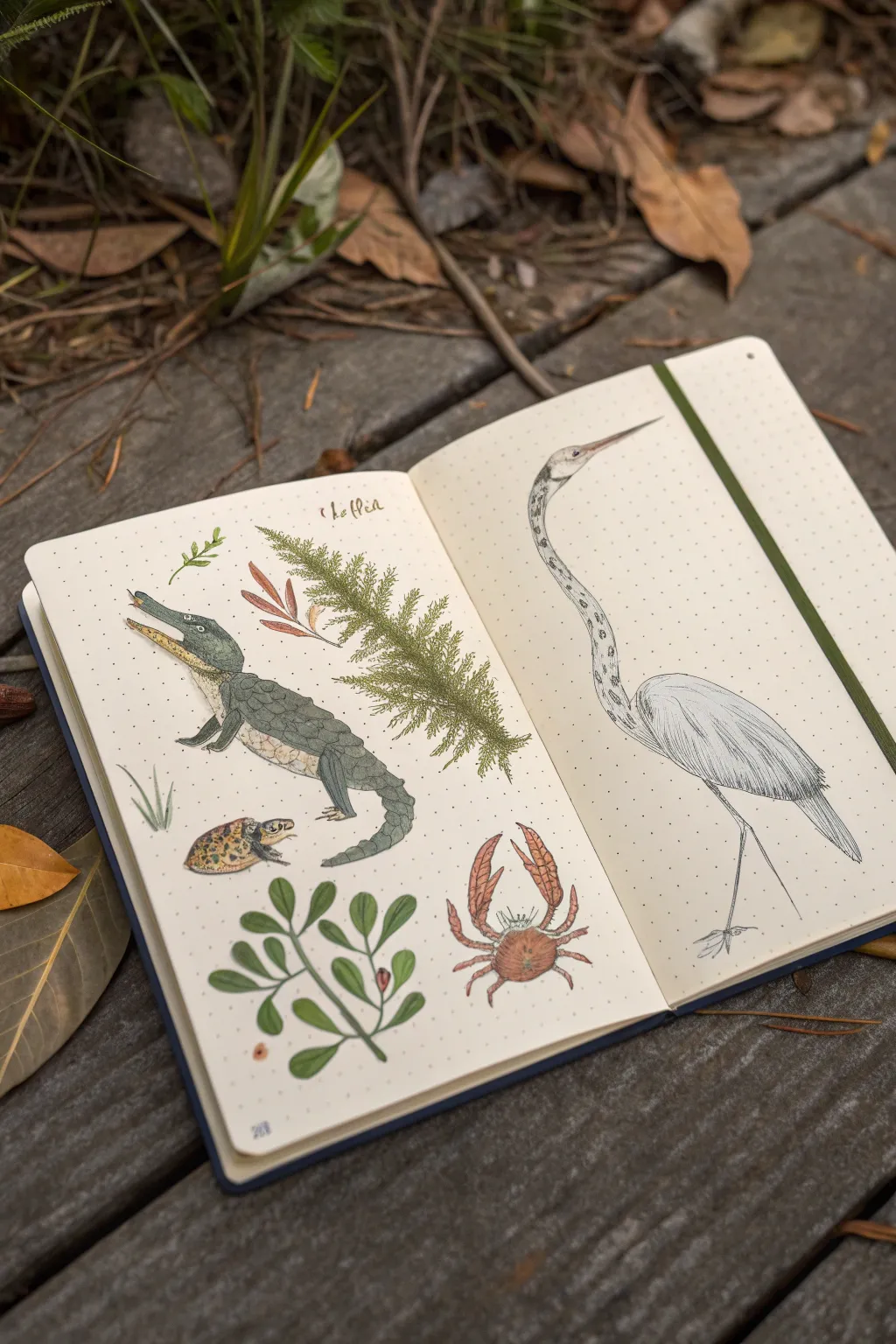 Minimalist field guide sketchbook page with tiny Louisiana swamp creature studies in ink and wash