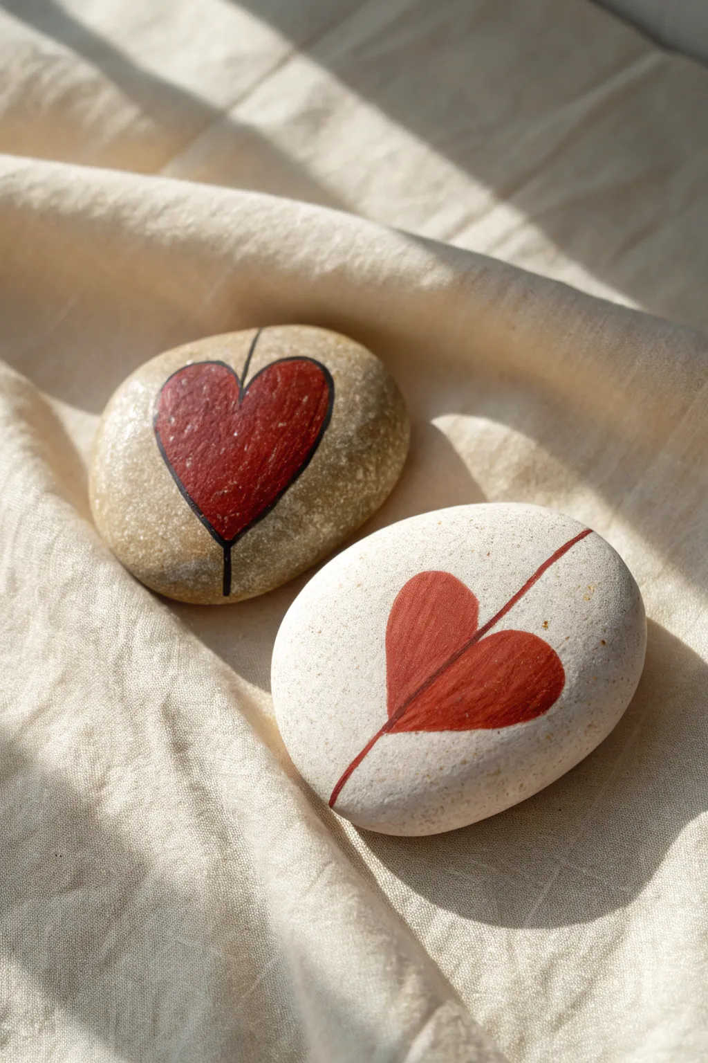 Two hand-painted river rocks align to form one perfect heart with a crisp, satisfying seam.