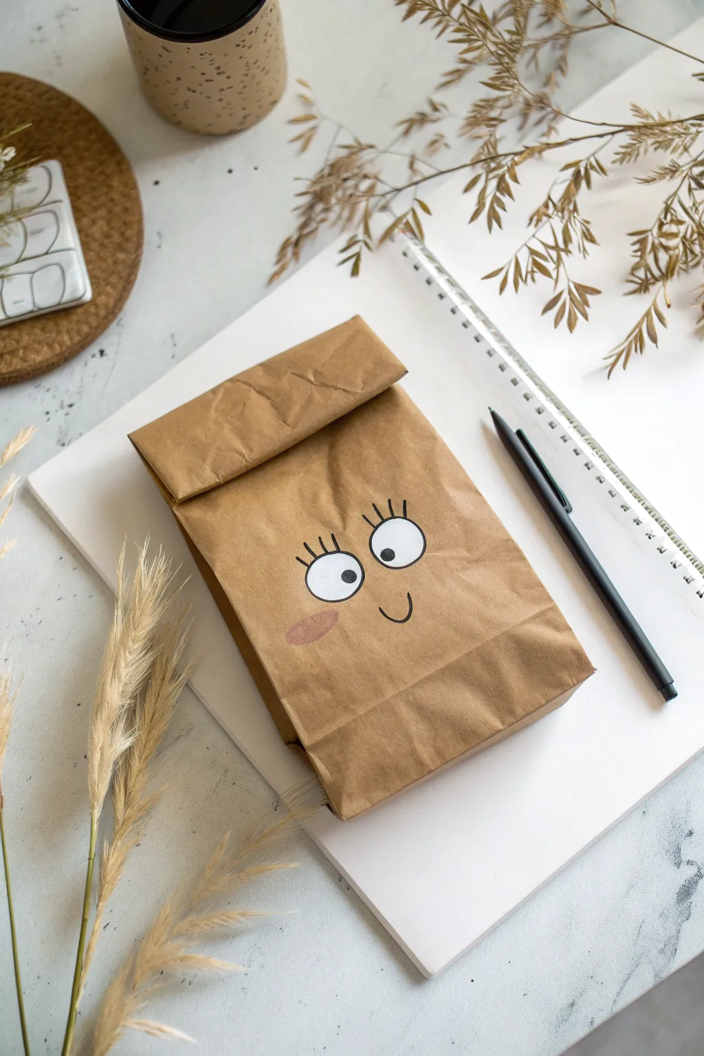 Easy lunch bag doodle with bold black outlines and crisp white highlights for clean contrast