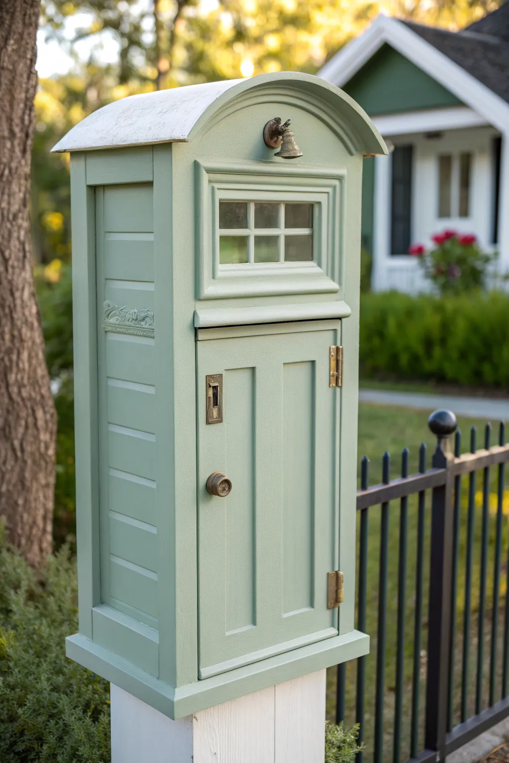 Trompe loeil mailbox with a painted door illusion, minimal Nordic tones, cozy porch vibe