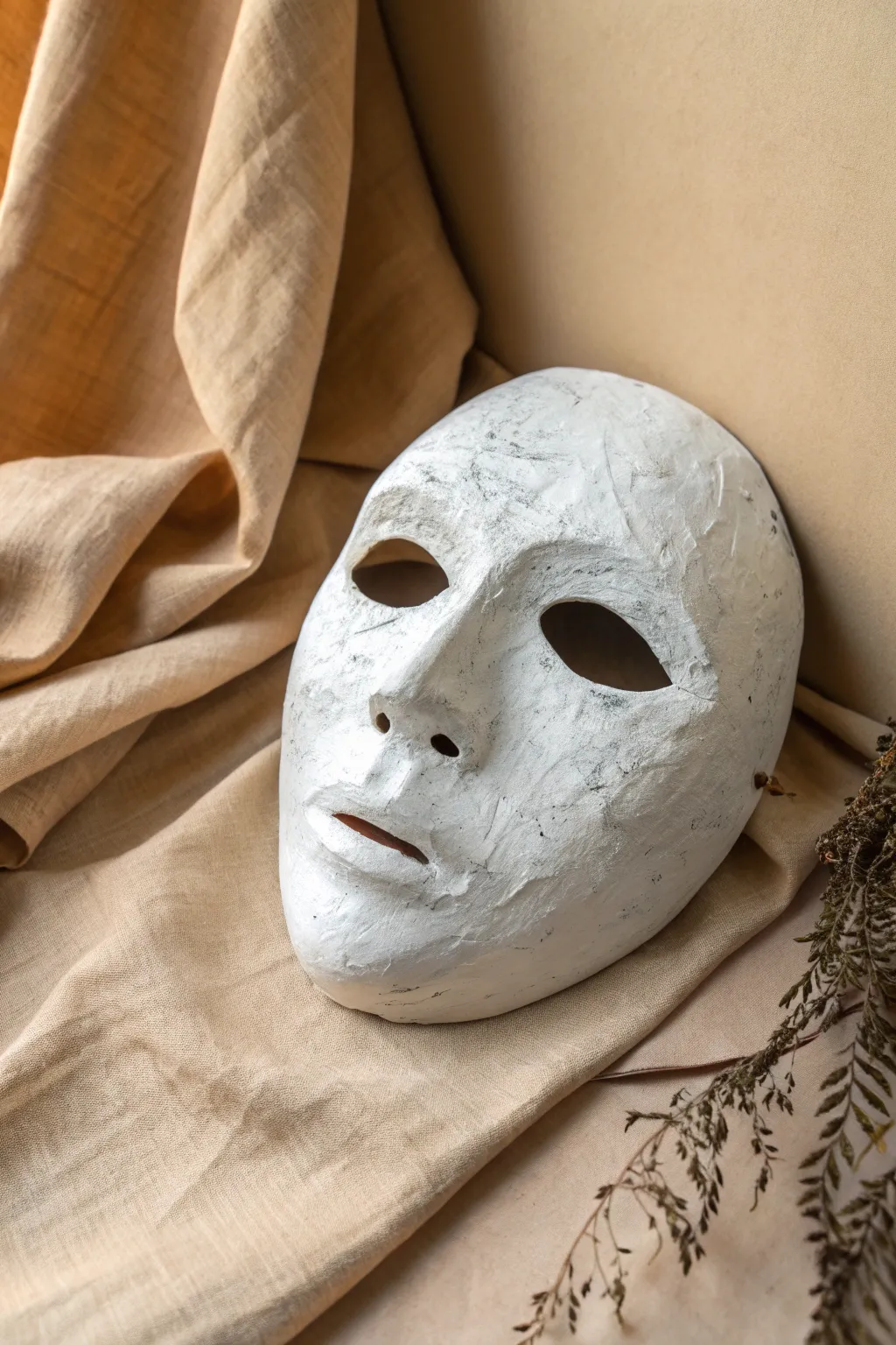 Split-face mask with calm blends vs chaotic scribbles, minimalist boho craft vibe