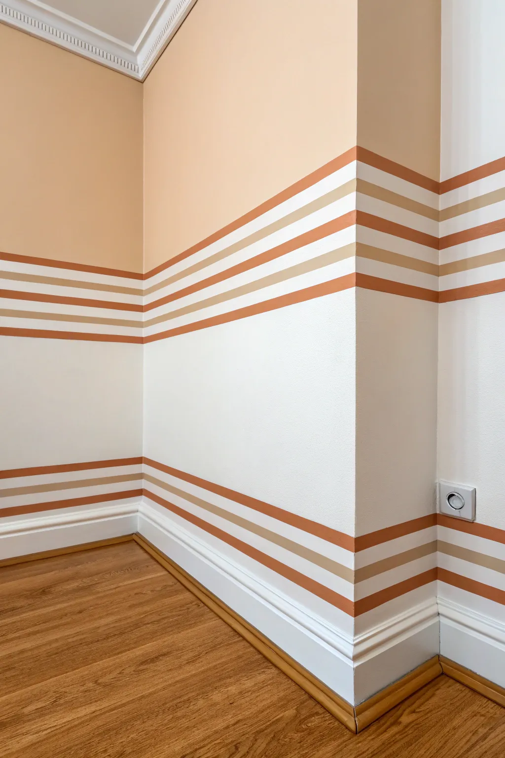 Satisfying wraparound tape lines create a seamless corner pattern, mid-paint in calm boho tones.