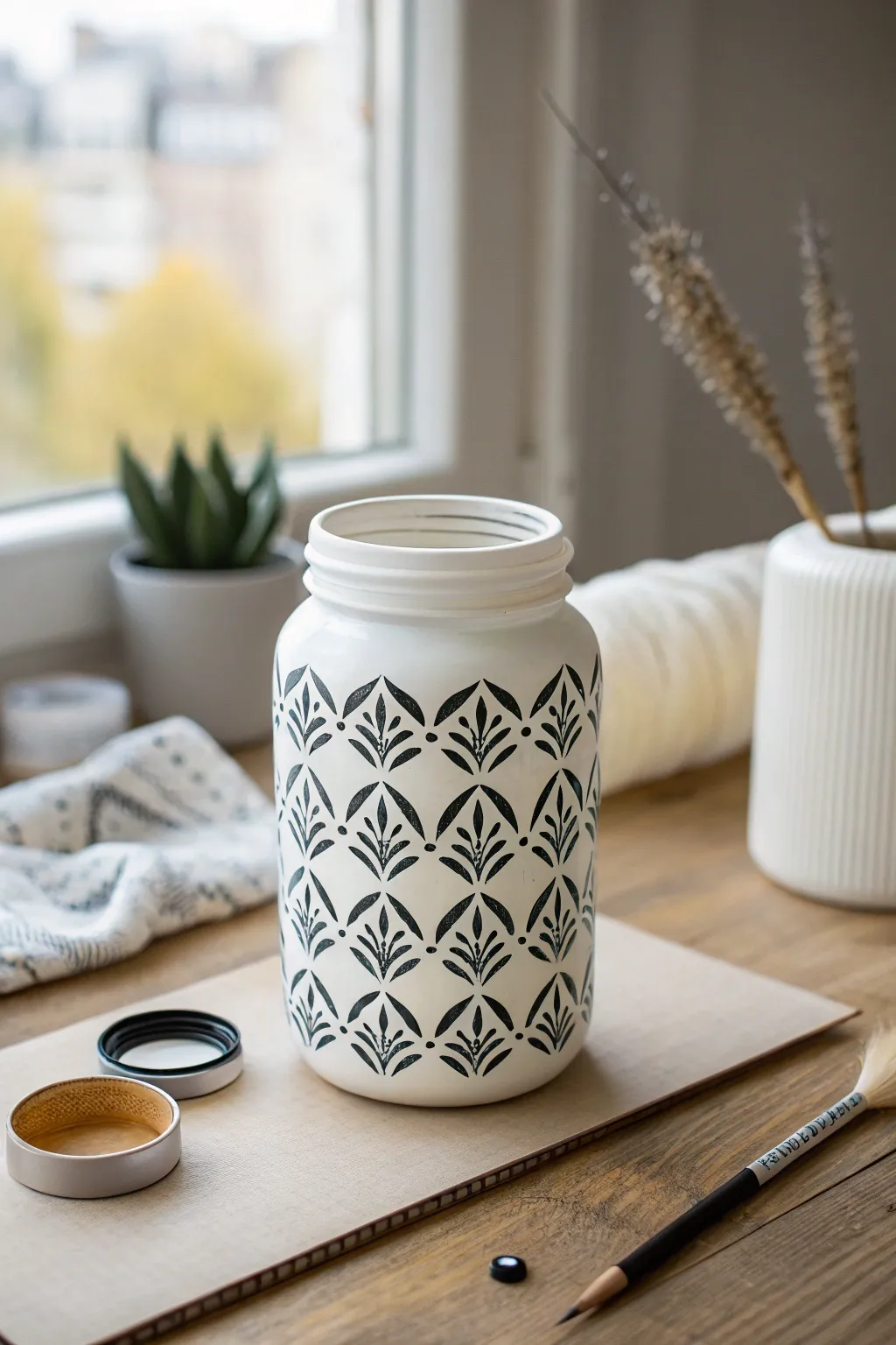 Crisp stenciled leaves on a painted mason jar for clean, minimalist DIY charm at home.