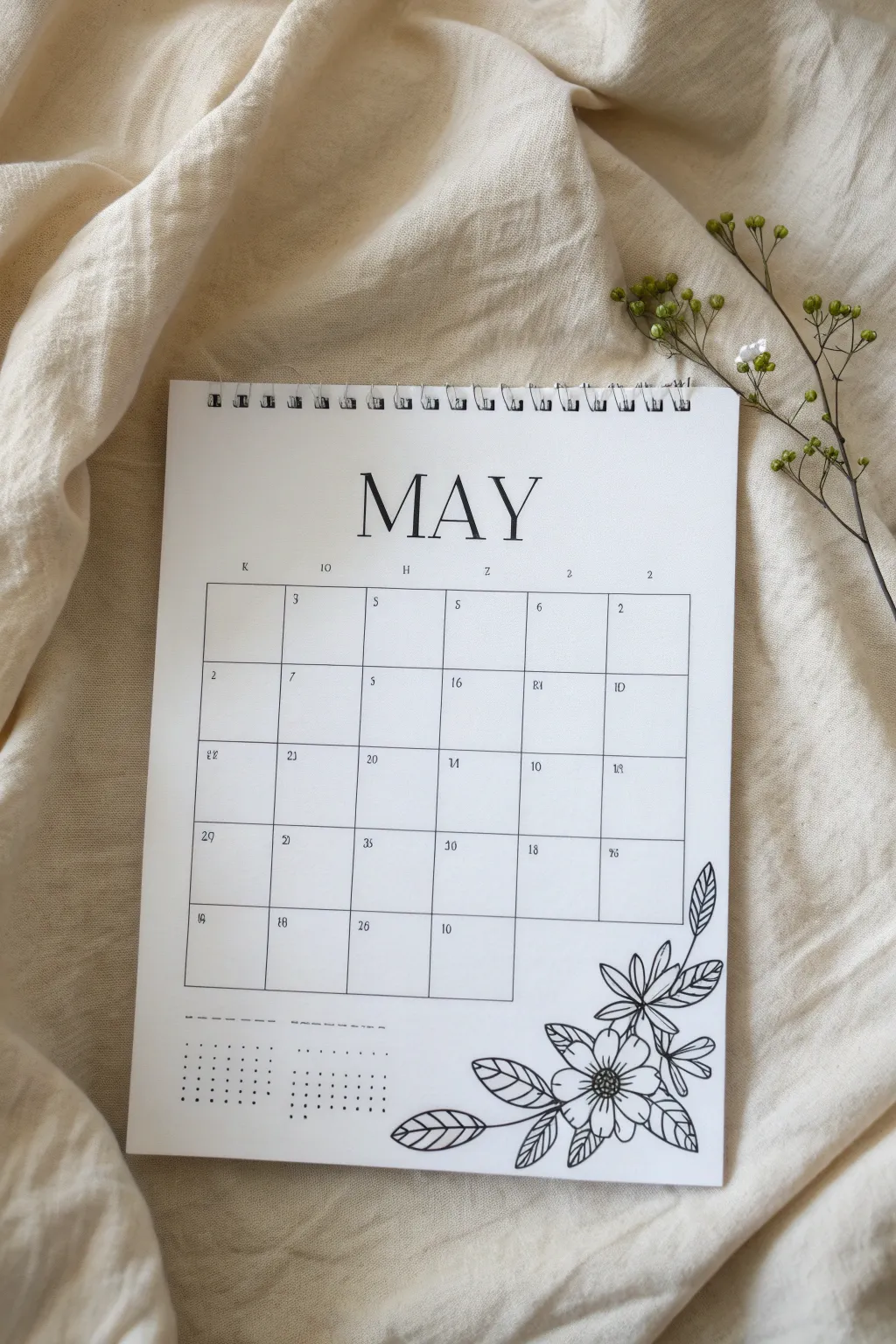 Minimalist May calendar with a delicate botanical diagram, clean lines, and soft boho warmth.