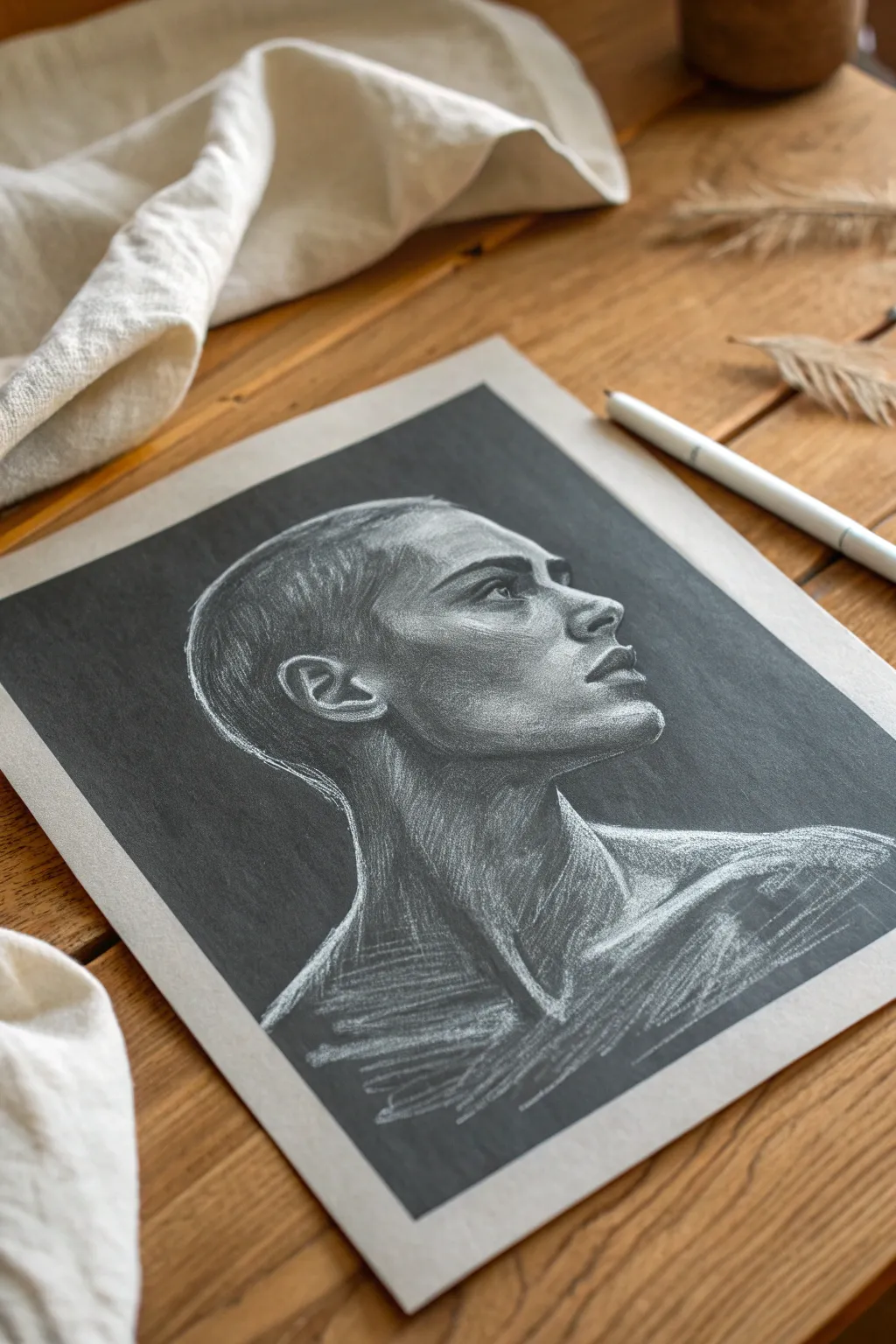 Toned paper figure study with bold charcoal shadows and luminous white highlights in calm minimal style.