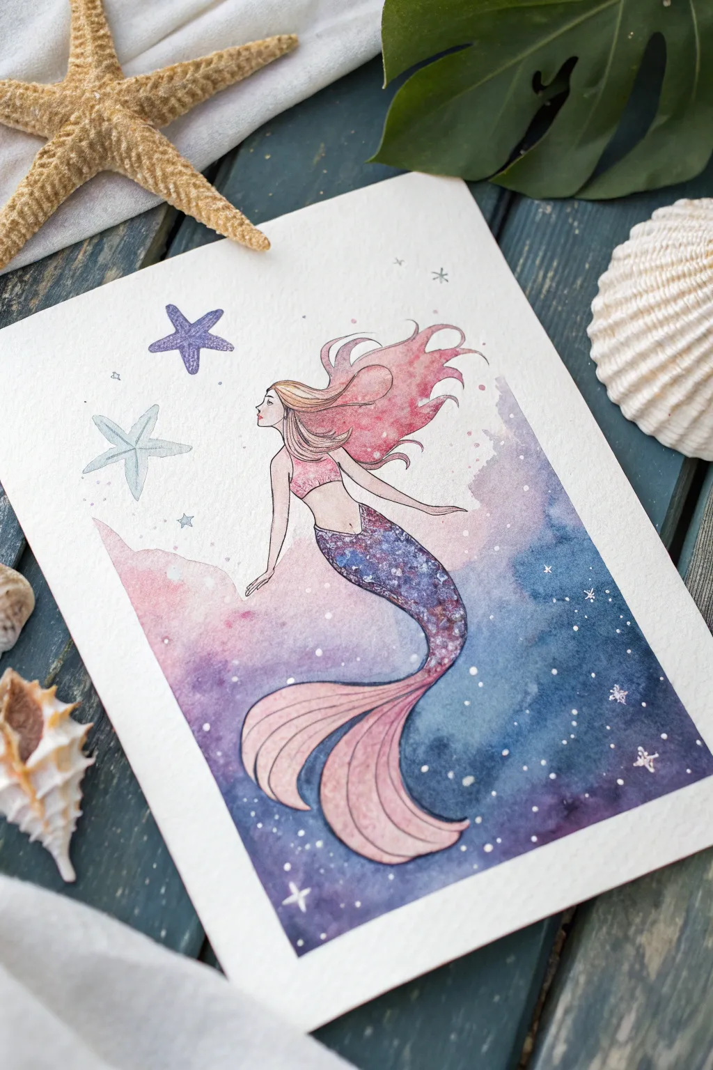 Cosmic mermaid with a starry galaxy tail in indigo and violet, glowing against a dark wash