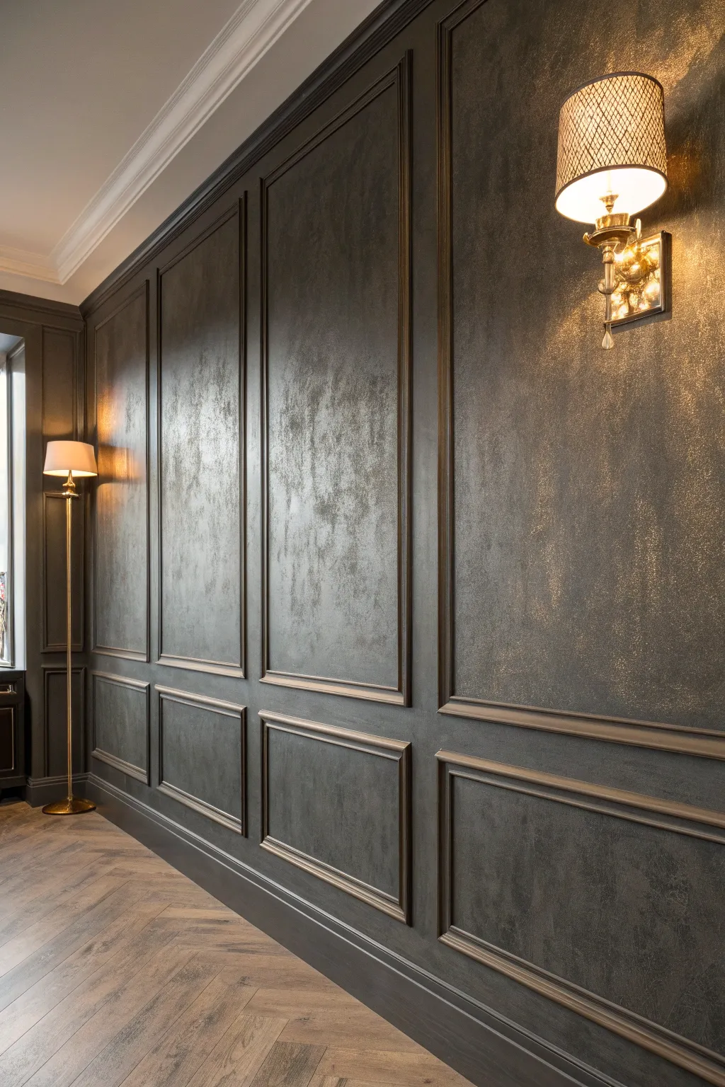 Charcoal base with a sheer metallic wash that glows softly under warm lamplight.