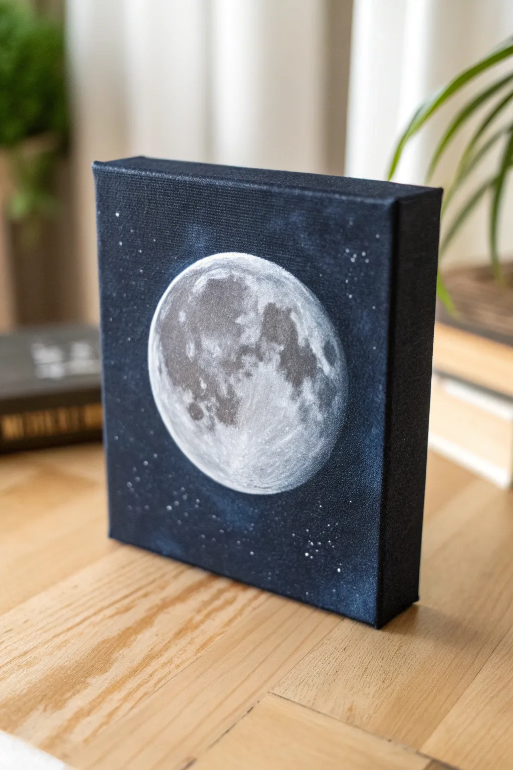 Minimal moon negative space on a mini canvas, crisp edges and cozy Scandinavian night vibes