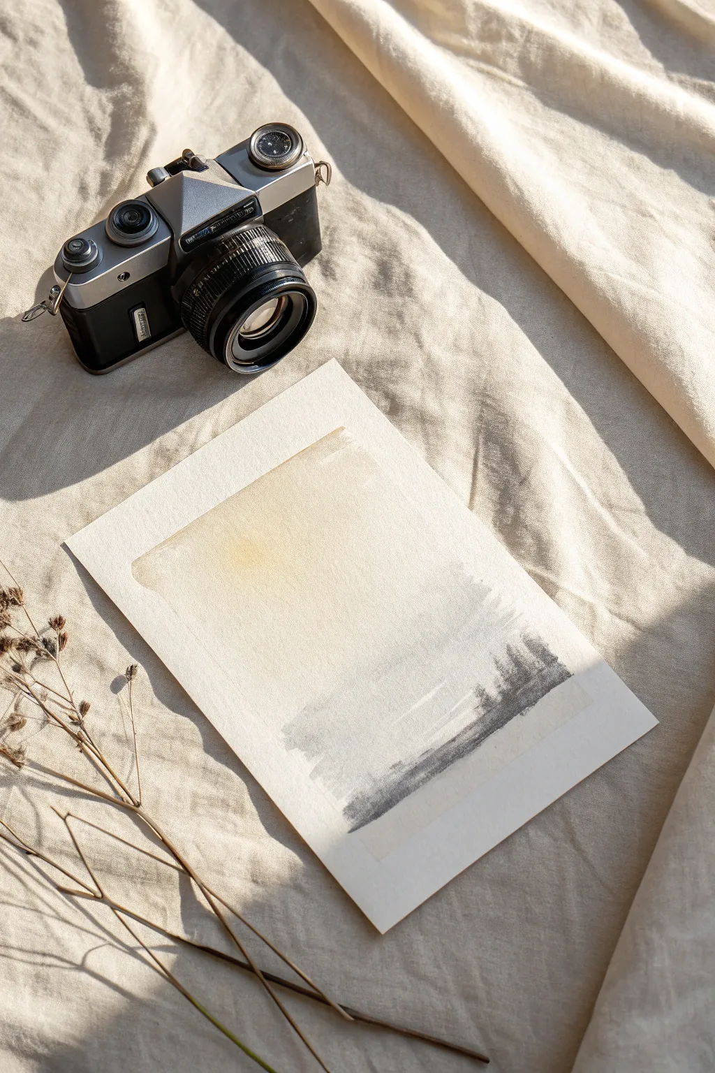 Minimal shadow study: one soft gray-beige shape on blank paper for calm minimalist realism.