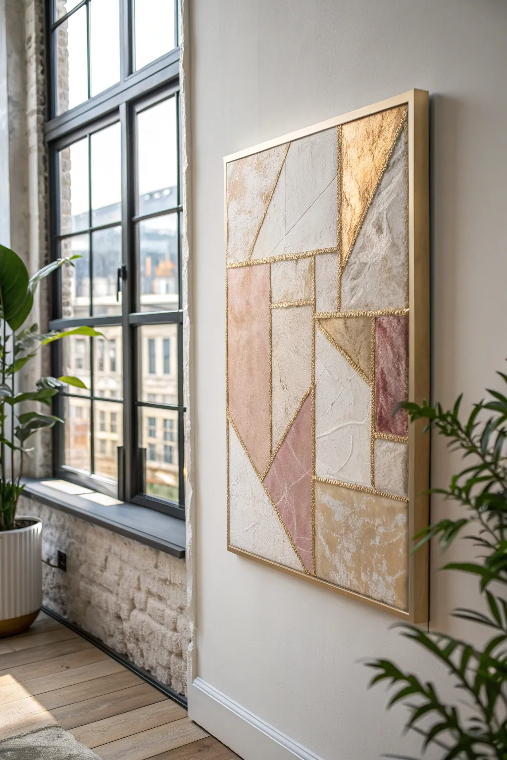 Matte layers with hand-torn collage and subtle gold highlights catching the texture in soft light.