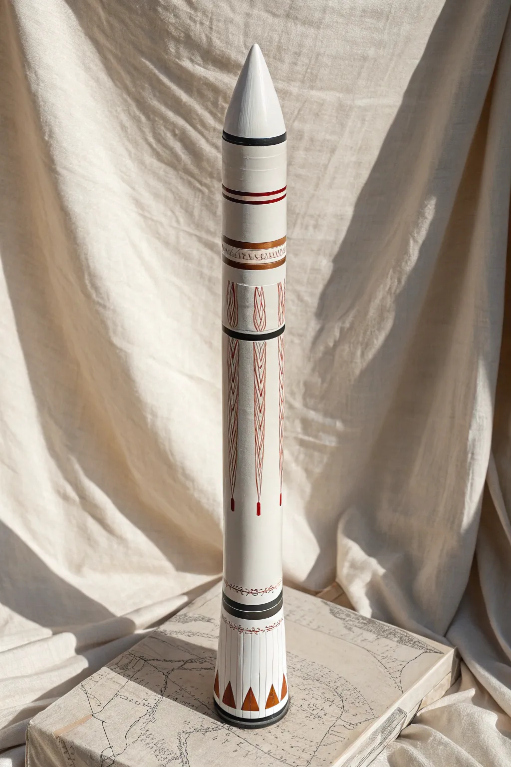 Topographic contour lines wrapped around a model rocket for a clean, modern paint idea