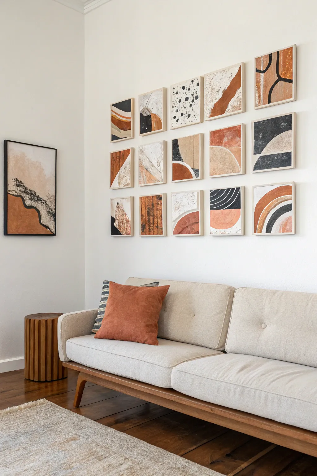 Modular mini canvases in earthy neutrals, styled in two easy layouts to refresh your living room wall.