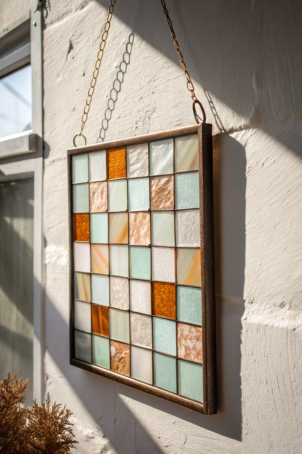 Light-catching mosaic panel with glowing translucent tiles, perfect for a sunny window nook
