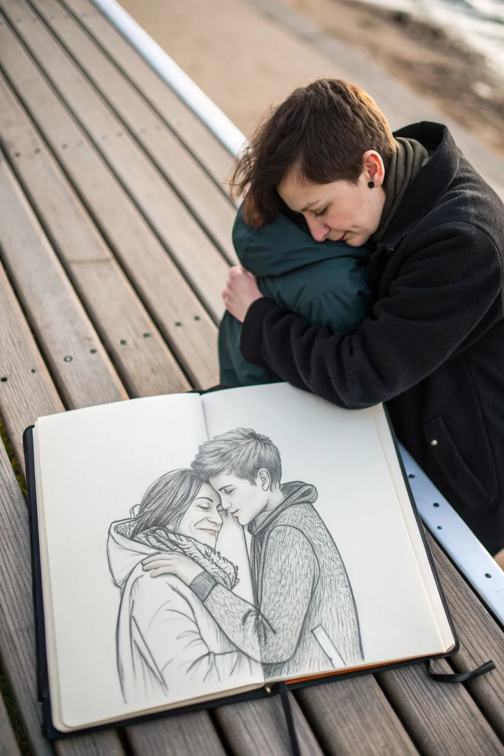 Tender reunion hug sketch with soft shading and simple lines for a mother and grown son moment.