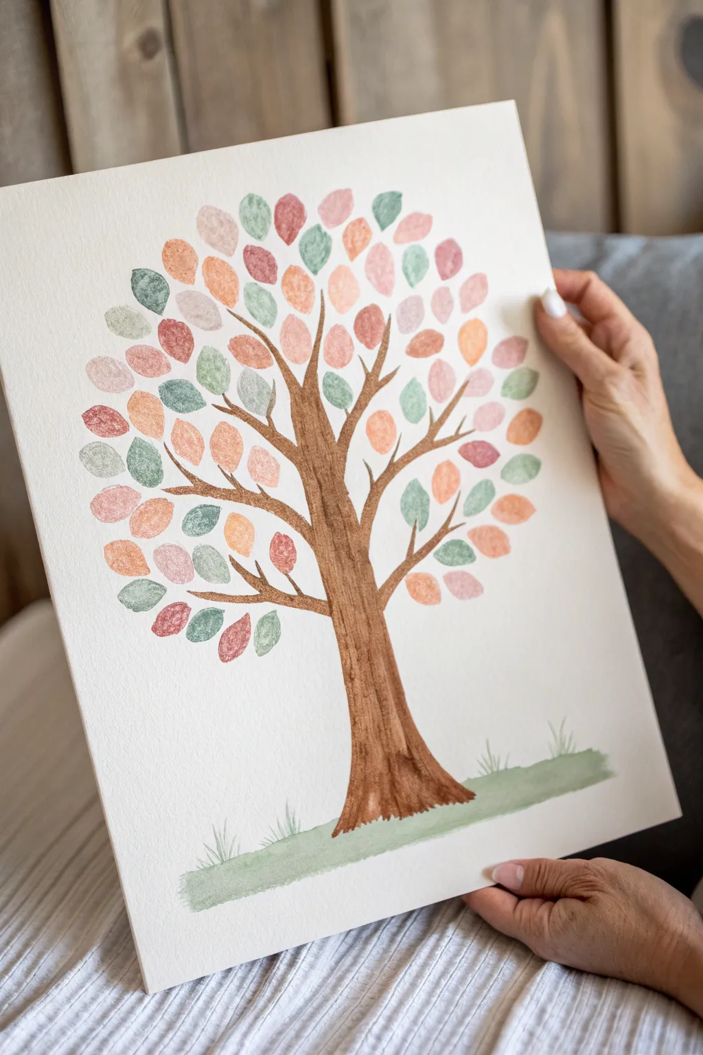 Fingerprint leaves and a bold handprint create a minimalist family tree keepsake for Mothers Day.