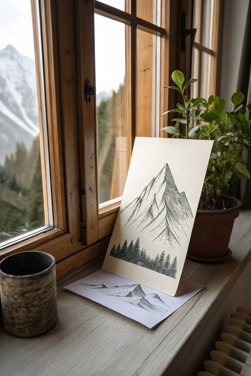 Scoop-cut summit sketch idea with bold V-shaped carvings and deep shadows for striking contrast