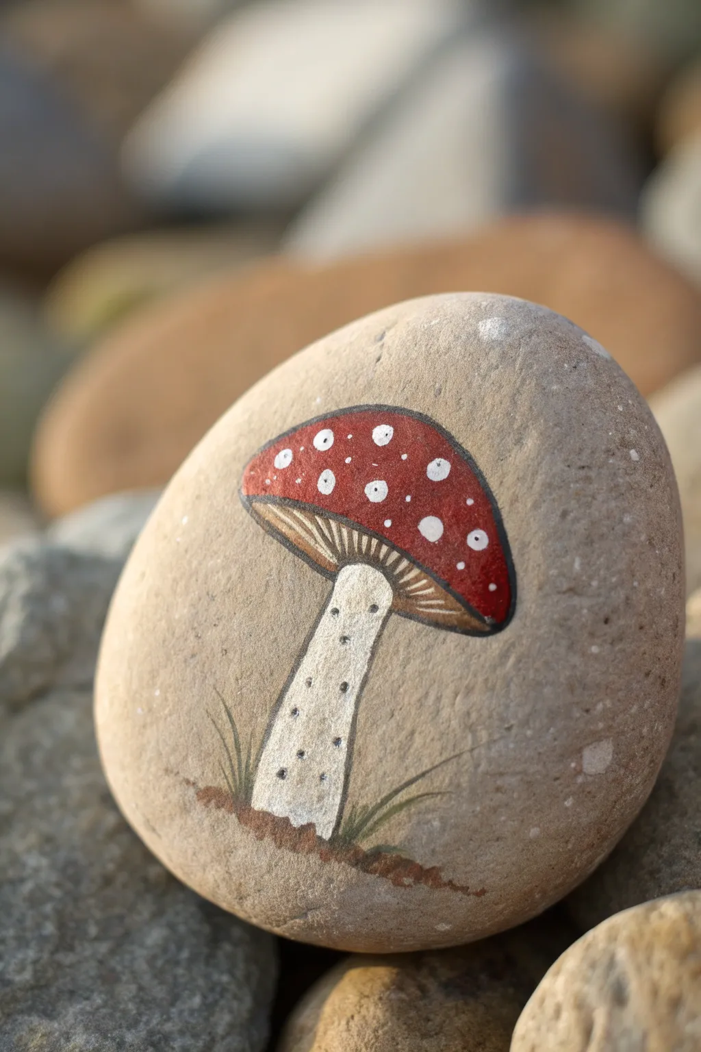 Quick mini project: tiny toadstool painted on a smooth river rock, simple and beautifully 3D.