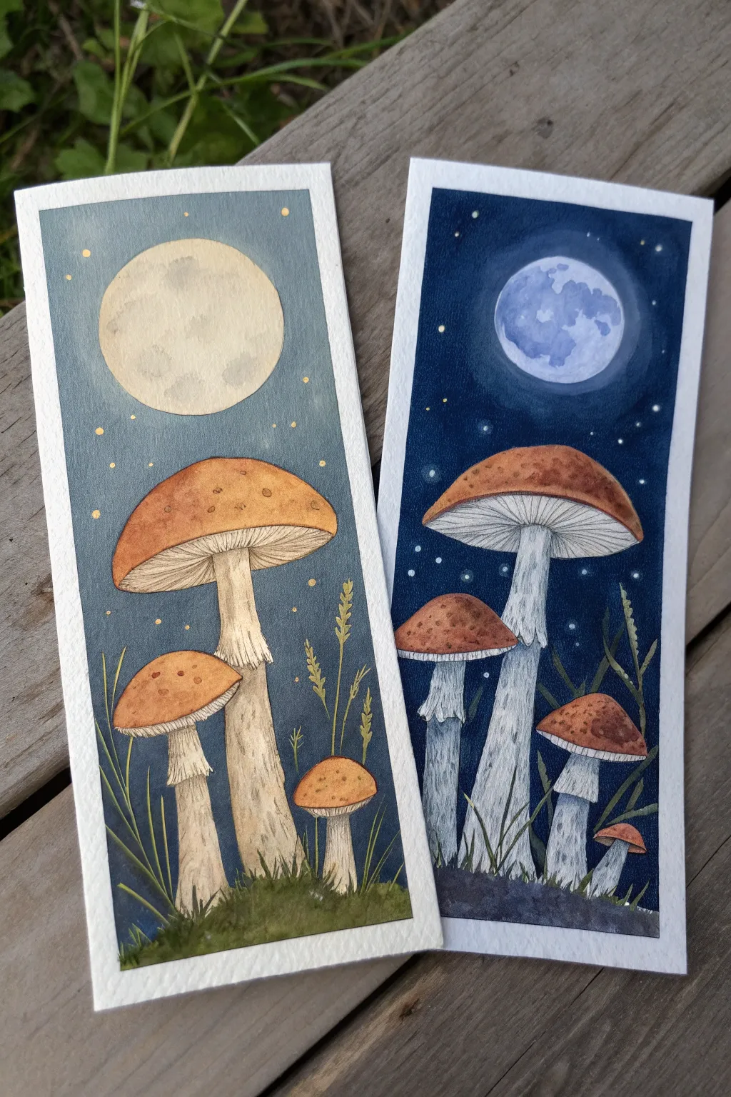 Minimalist diptych: oversized mushrooms flowing into a glowing moonlit night sky
