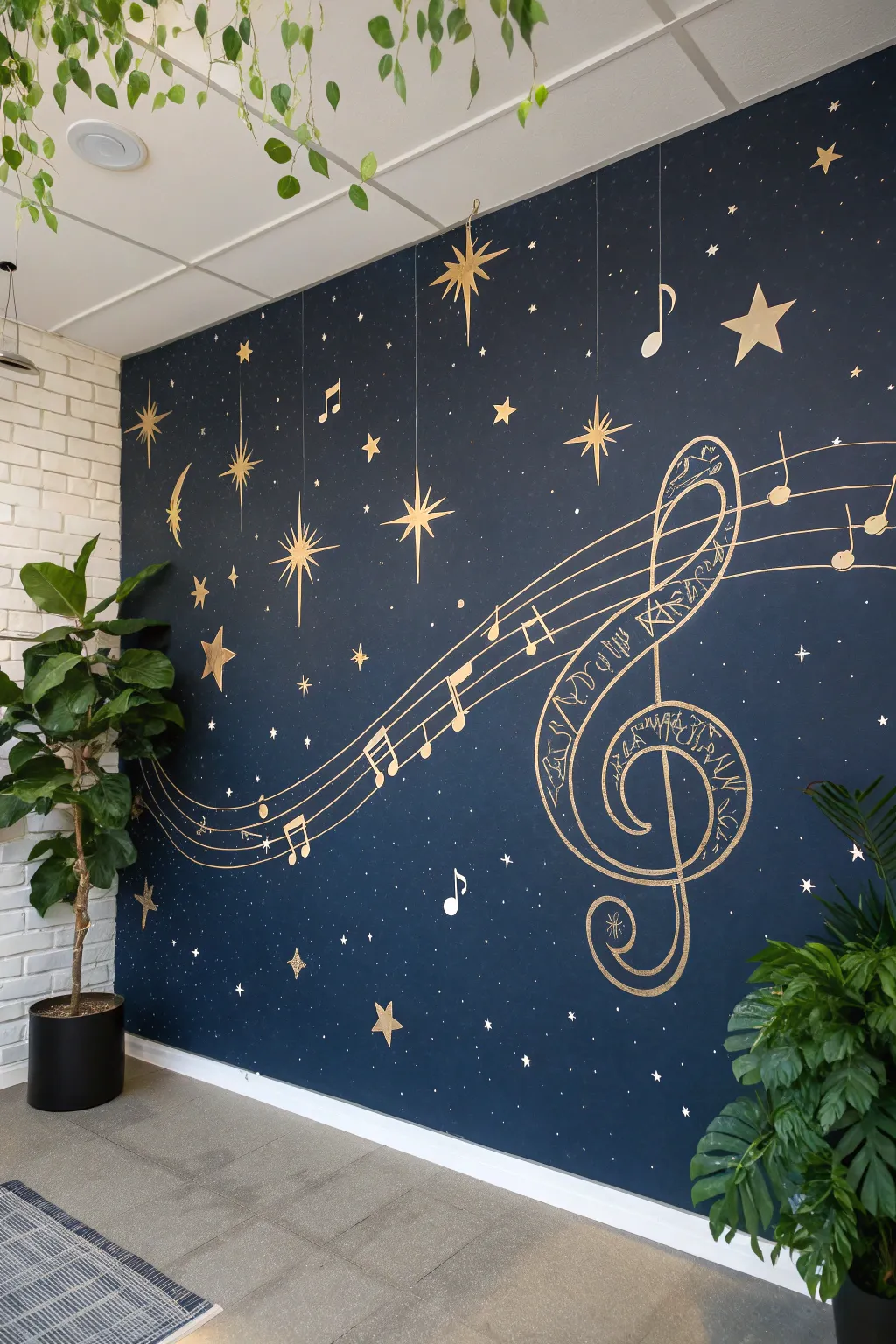 A calm deep navy mural with tiny stars linked into softly glowing music symbol constellations