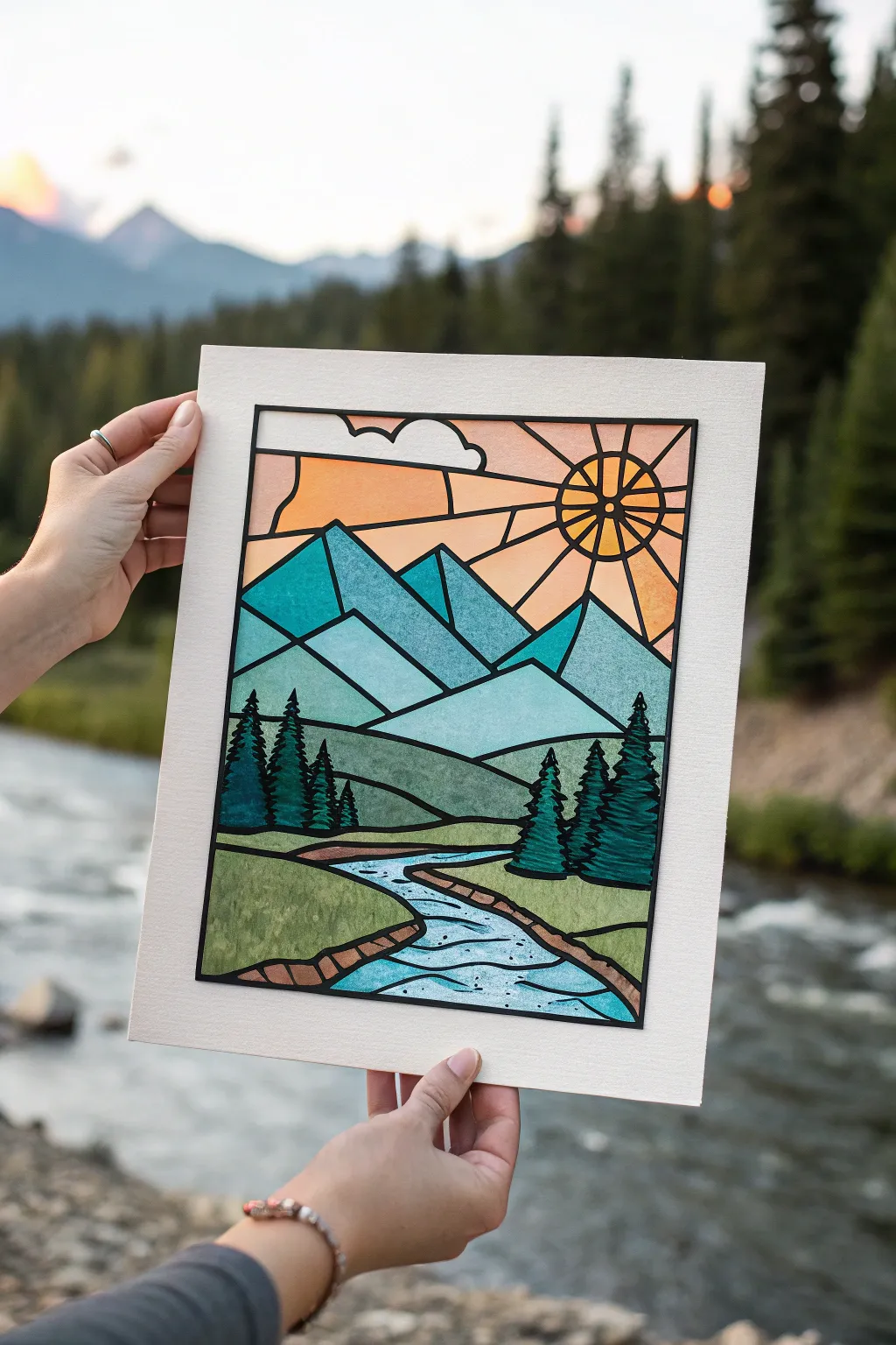 Stained-glass landscape painting with bold outlines and saturated color blocks, clean and modern