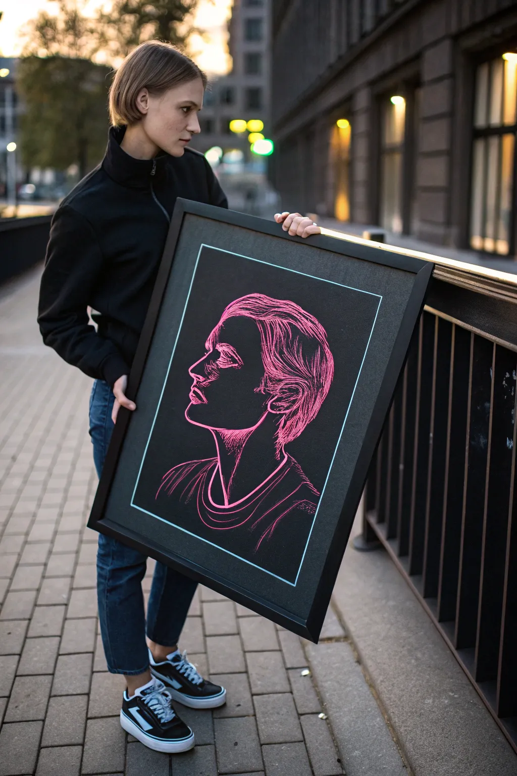 Neon portrait lighting: pink and cyan edge glow with crisp white highlights and soft halos