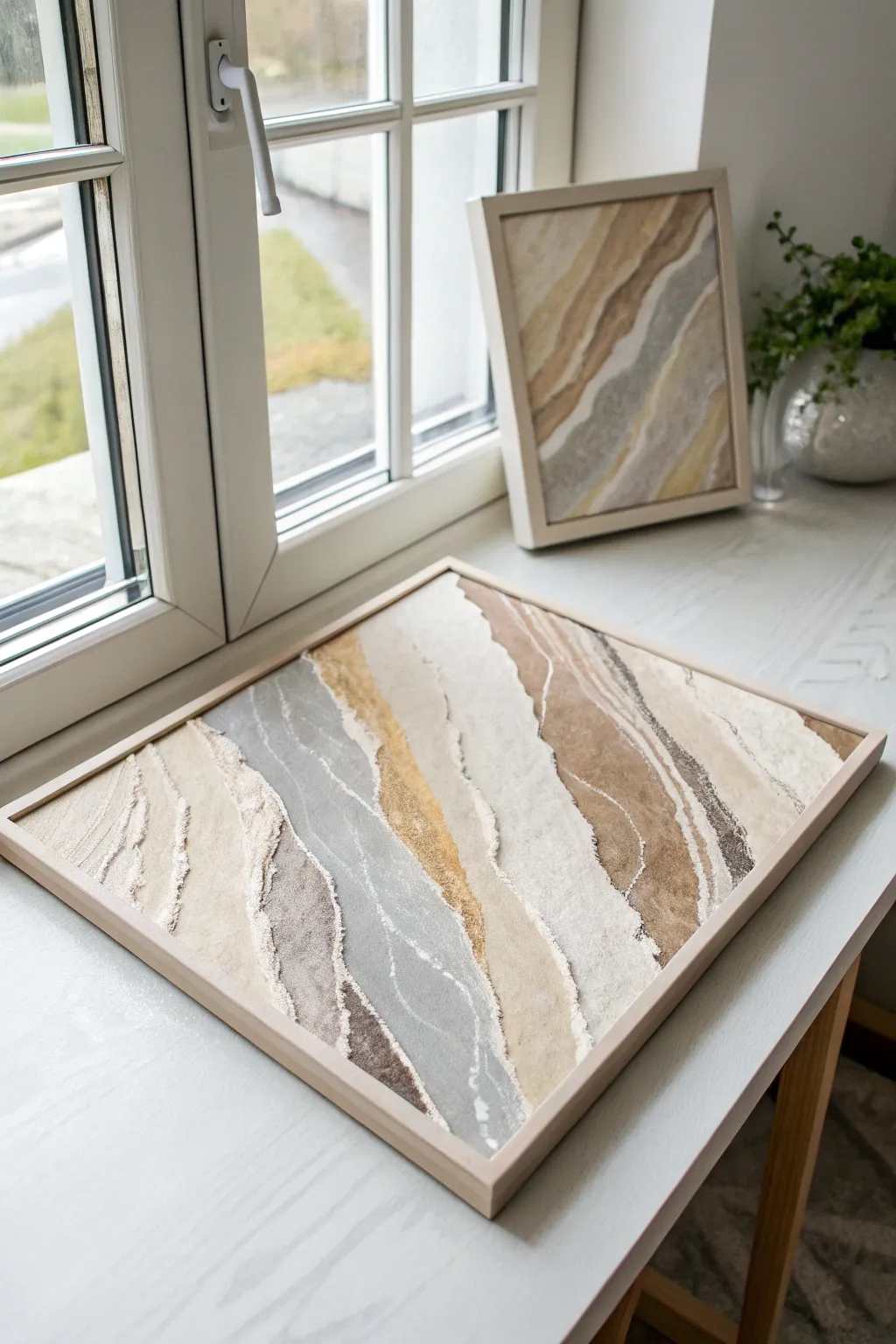 Collaged neutrals in beige and warm gray with soft painted washes, calm minimalist texture