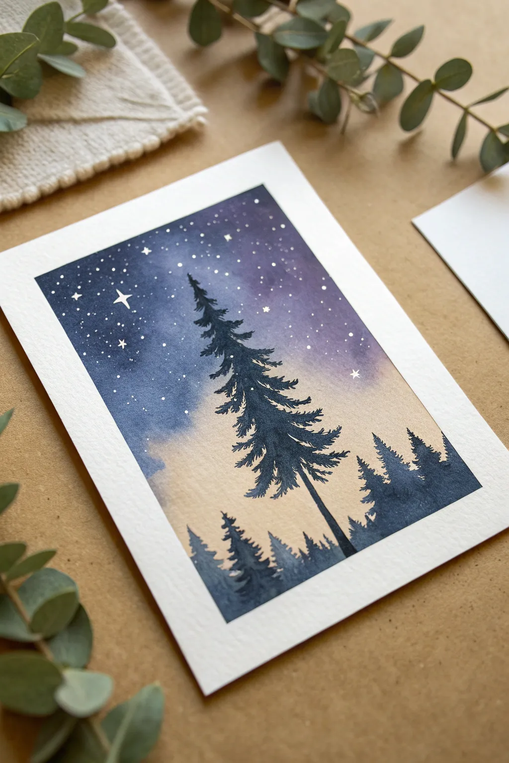 Minimal pine tree silhouette filled with a dreamy starry night gradient, bold contrast and calm vibes