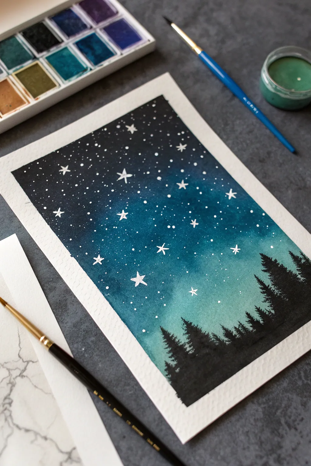 Minimal night sky gradient with crisp negative space stars and delicate white splatter sparkle