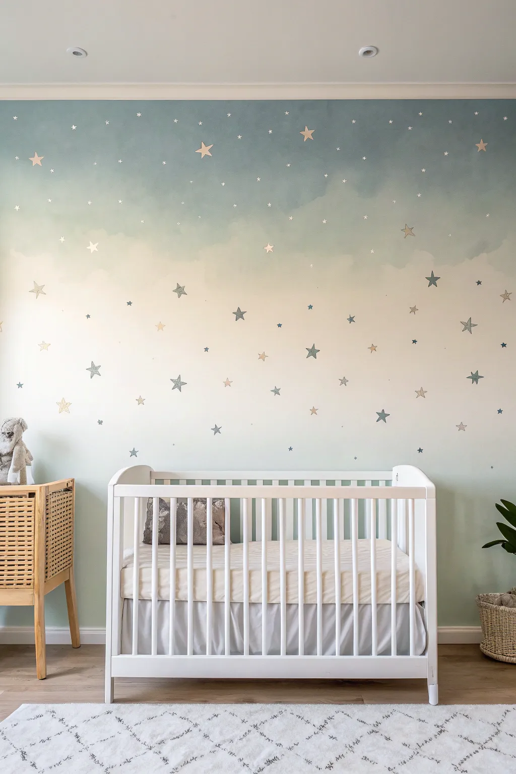 Soft daytime sky mural with barely-there glow stars for a cozy nighttime surprise