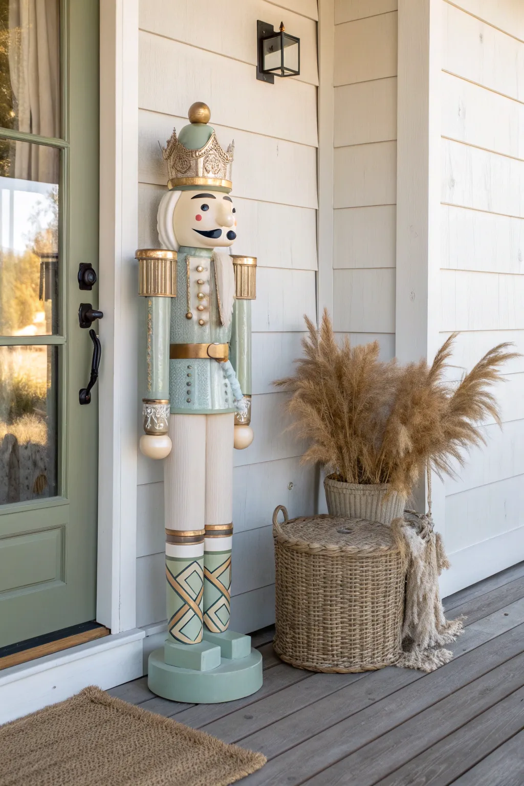 Create a warm welcome with this chic, large-scale Scandi-Boho painted nutcracker idea.