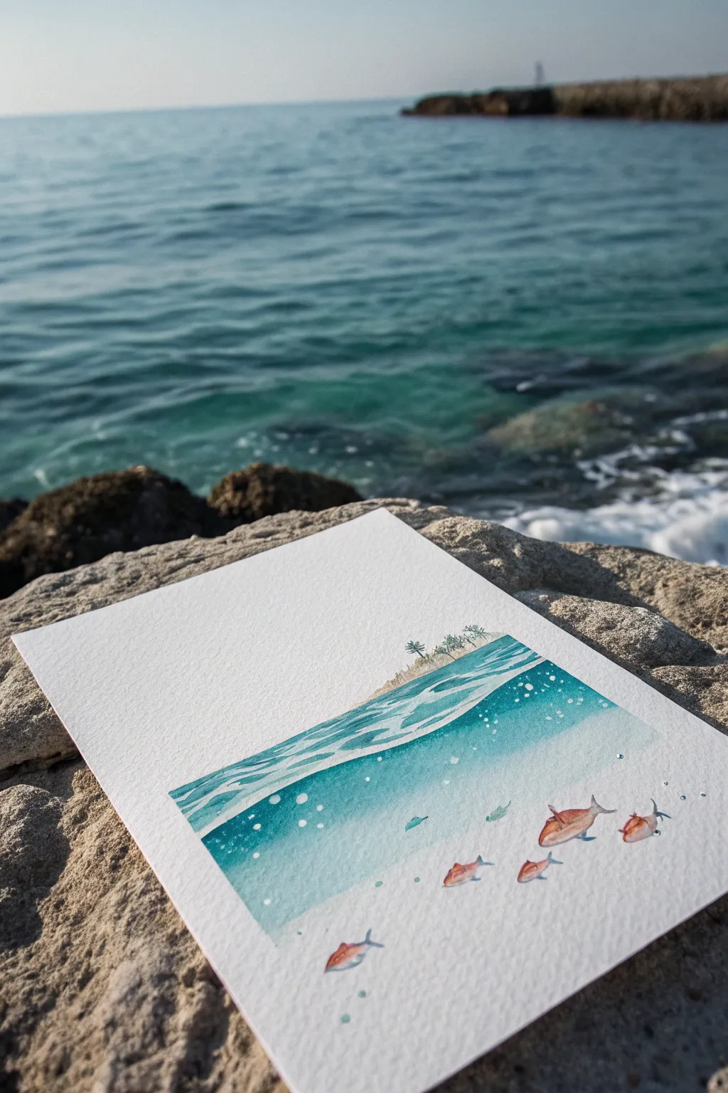 Split-level ocean sketch with crisp waterline, serene waves above and coral life below