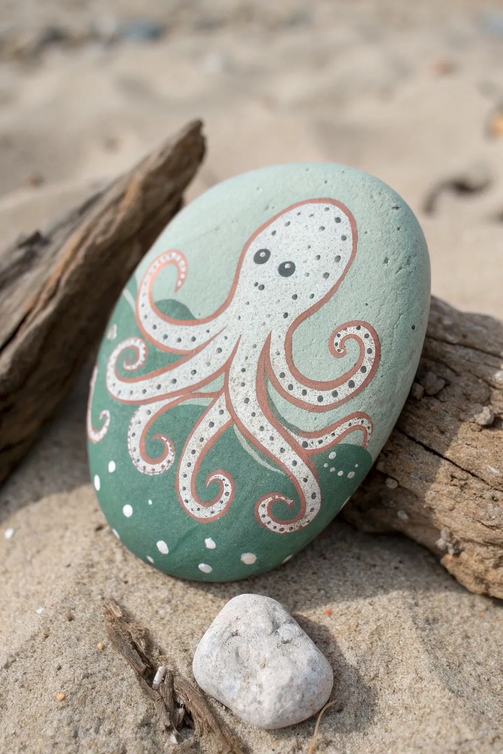 Painted rock octopus mini on sand and driftwood, a simple boho ocean craft you can recreate