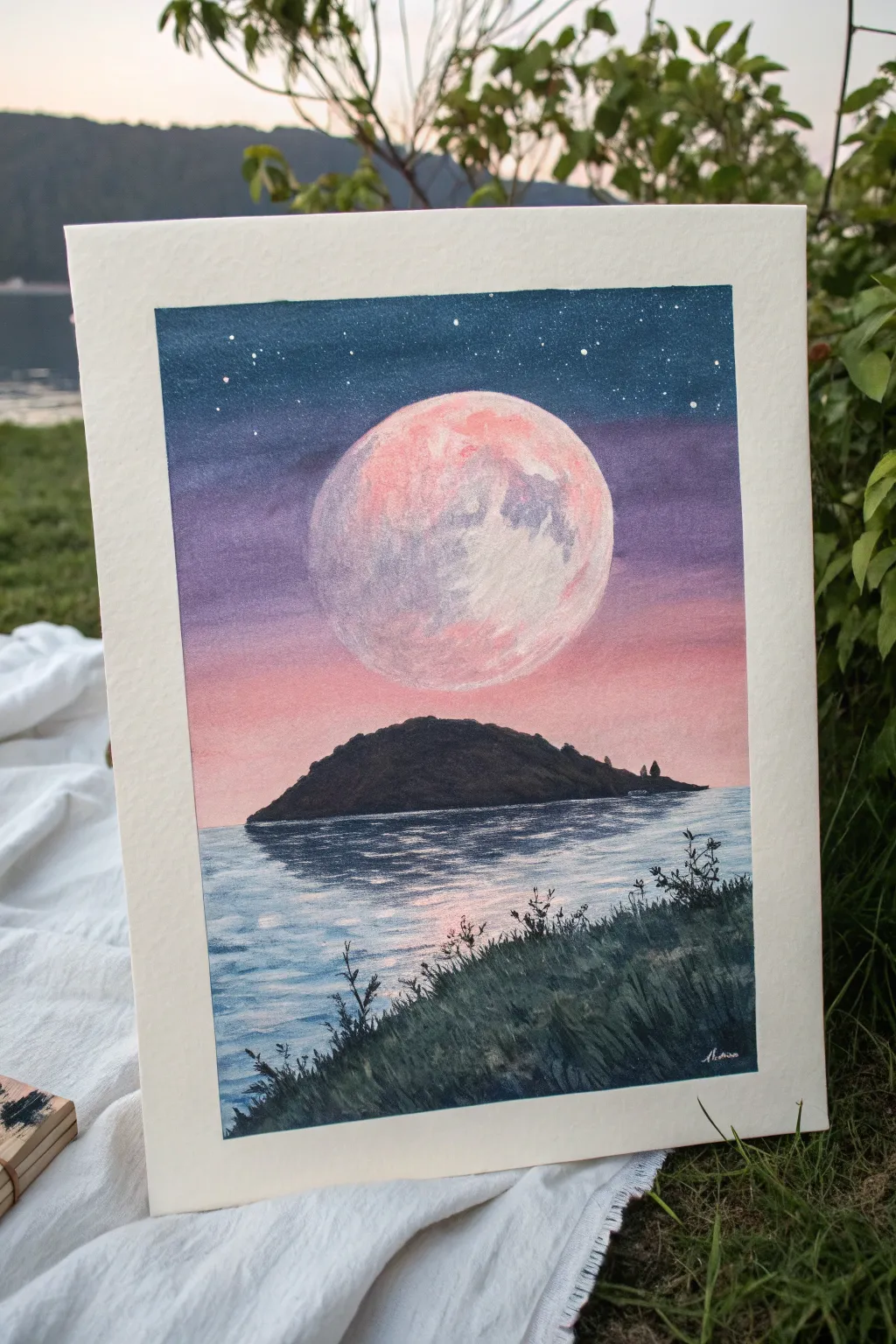 Surreal oil pastel idea: floating island silhouette with a giant moon and dreamy gradient sky