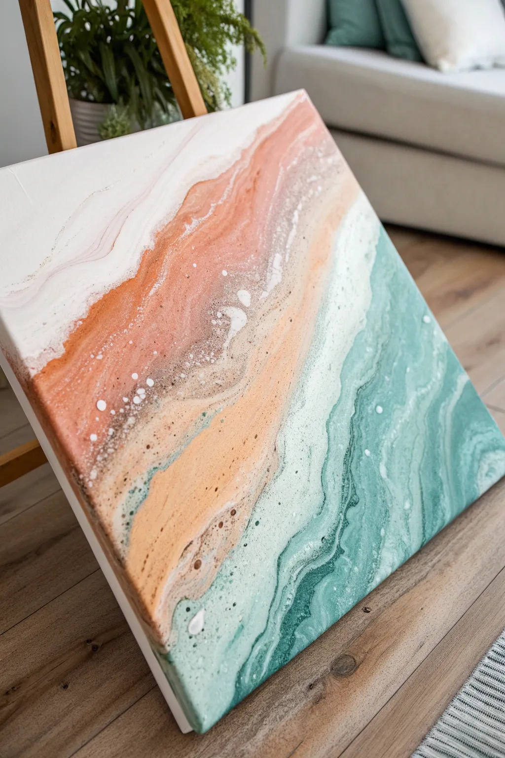 Fluid tilted ombre pour on canvas, soft cells and glossy flow in a calm Scandinavian boho setup