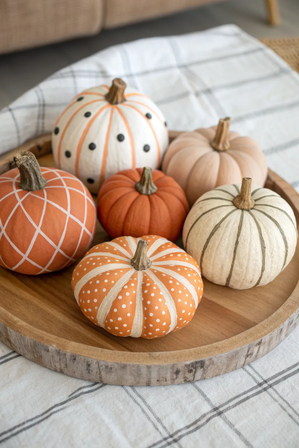 Five painted orange pumpkins in one palette, mixed patterns for a minimalist boho fall set.