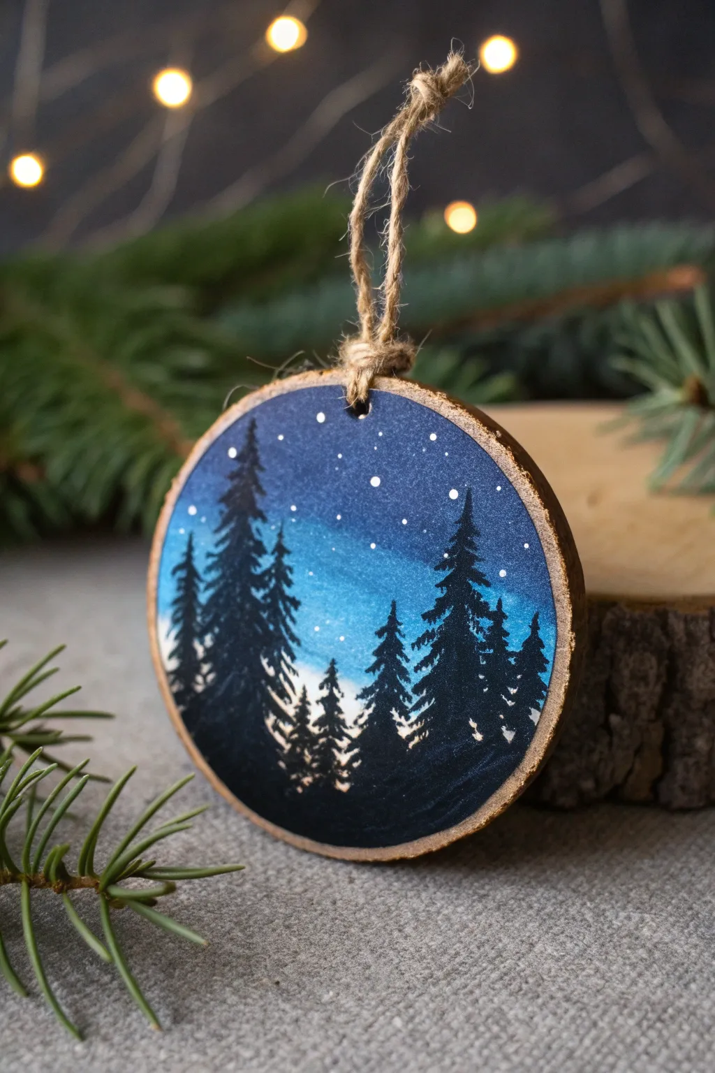 Glow-in-the-dark night sky ornament with crisp silhouette, minimalist boho mood and high contrast