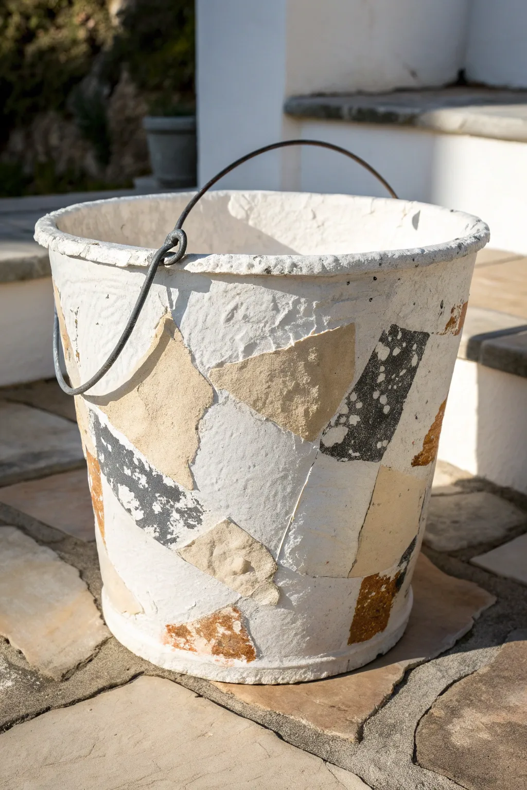 Turn a humble paint bucket into a textured mixed-media pedestal with minimalist boho charm.