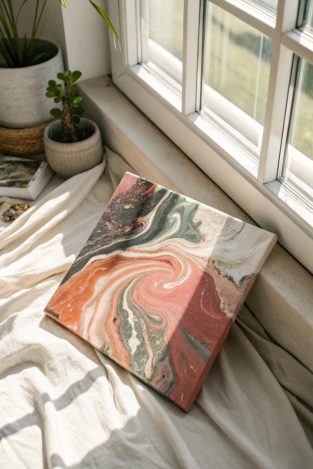 Organic paint-pour marbling on canvas with glossy ribbons and high-contrast cells