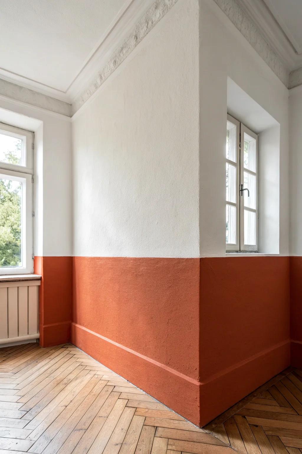 Bold terracotta color block wraps the corner for an easy 3D paint trick with minimalist warmth.