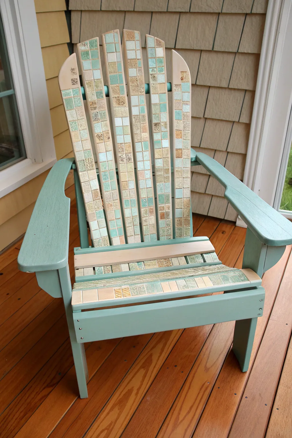 Painted Adirondack chair with trompe loeil tile mosaic squares, faux grout, and cracked details