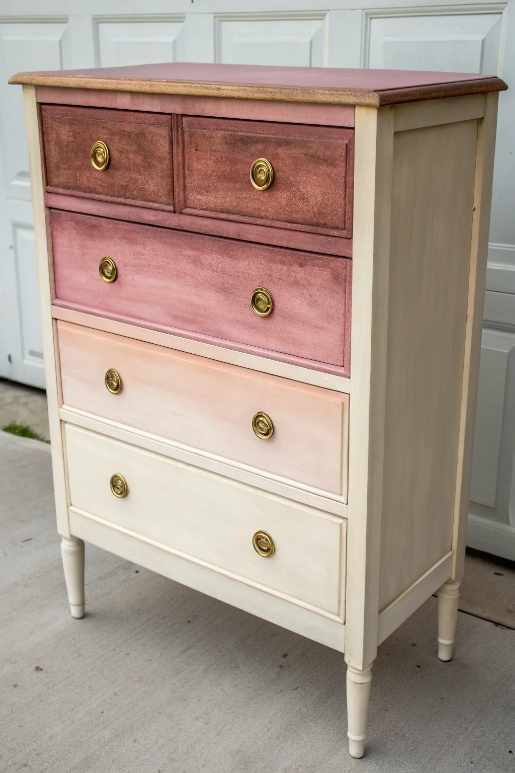 Ombre antique vanity makeover in soft blush tones, showcasing a smooth hand-painted fade