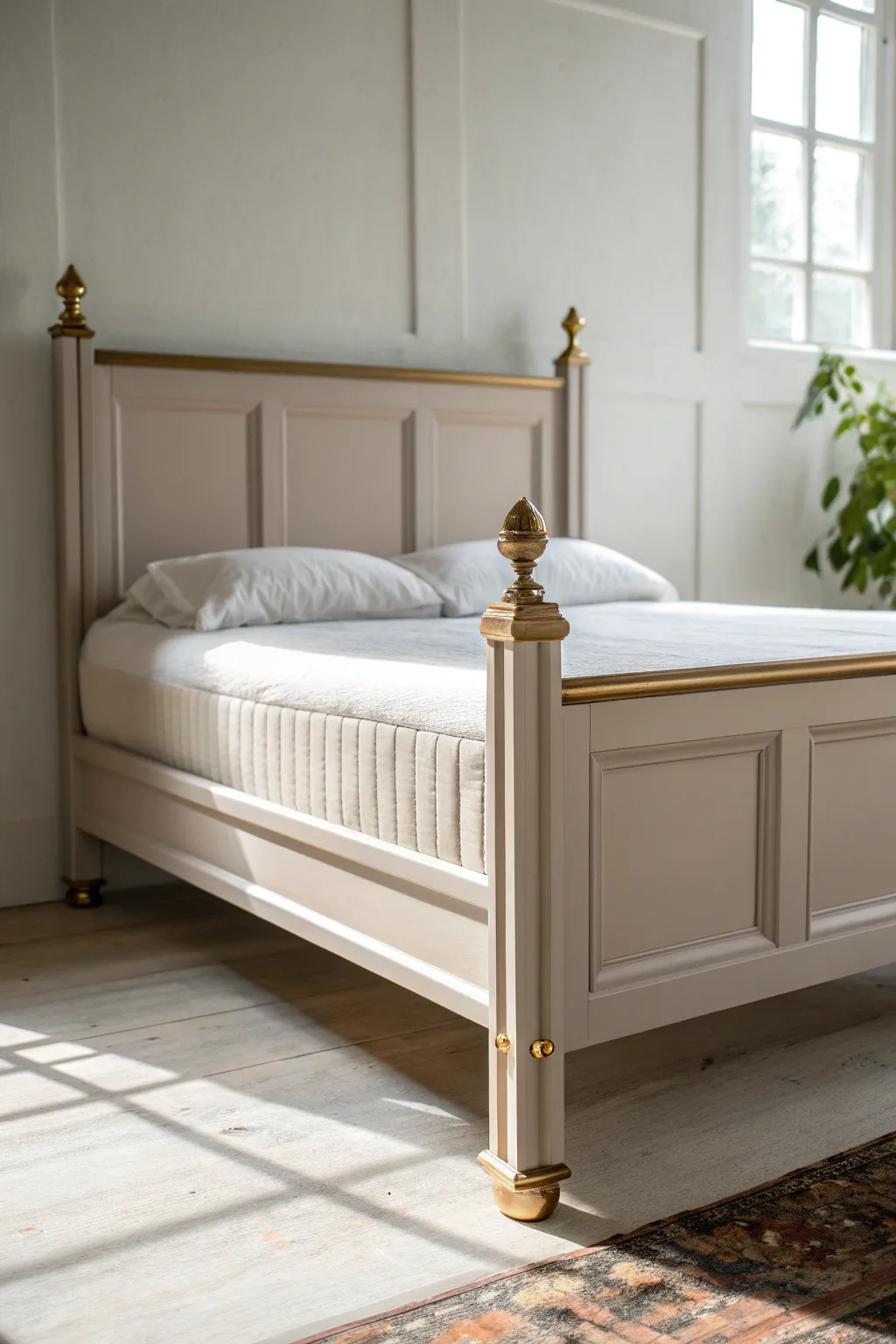Soft matte paint with brushed gold trim turns a simple bed frame into a subtle statement.