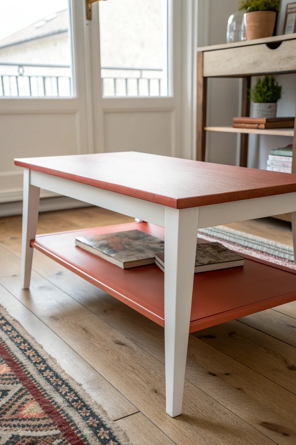 Neutral on top, vibrant underneath: a minimalist painted coffee table that surprises at every glance