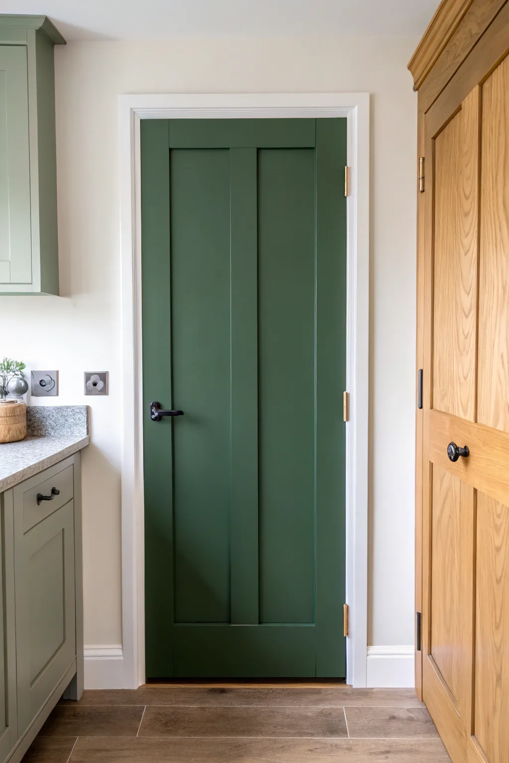 Bold painted pantry door turns a practical corner into a calm Scandinavian statement accent