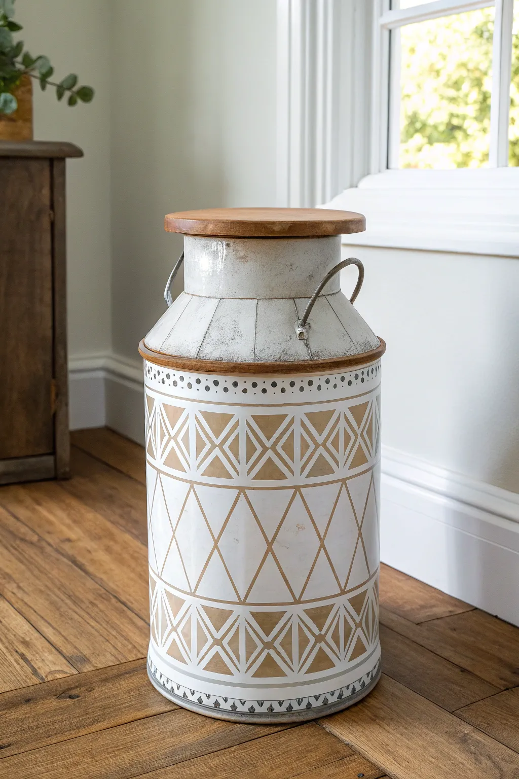 DIY milk can side table with painted rim and wood top, a minimalist boho accent for cozy corners.