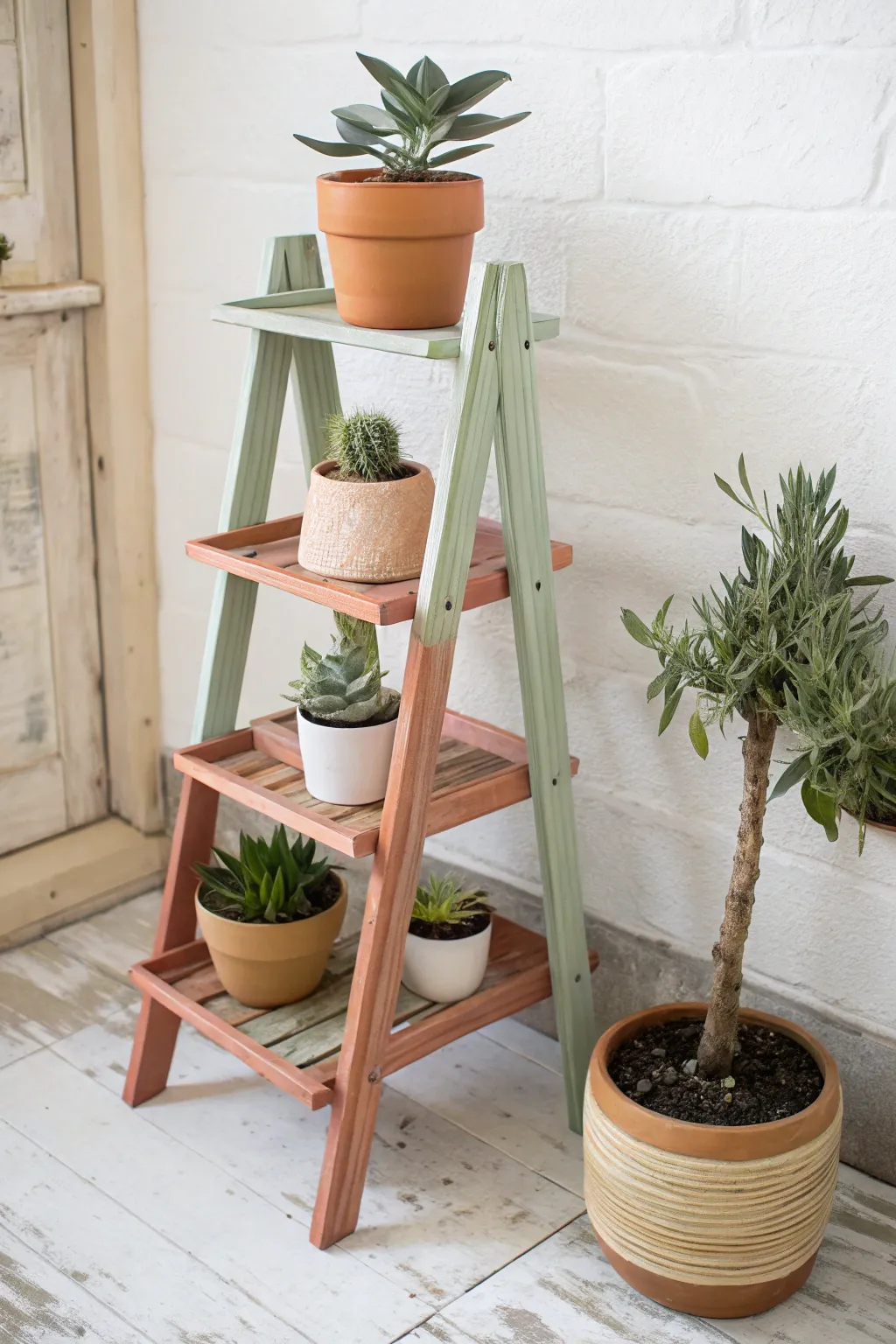 Mismatched painted tiers turn a simple plant stand into a playful, curated Scandinavian-boho accent.