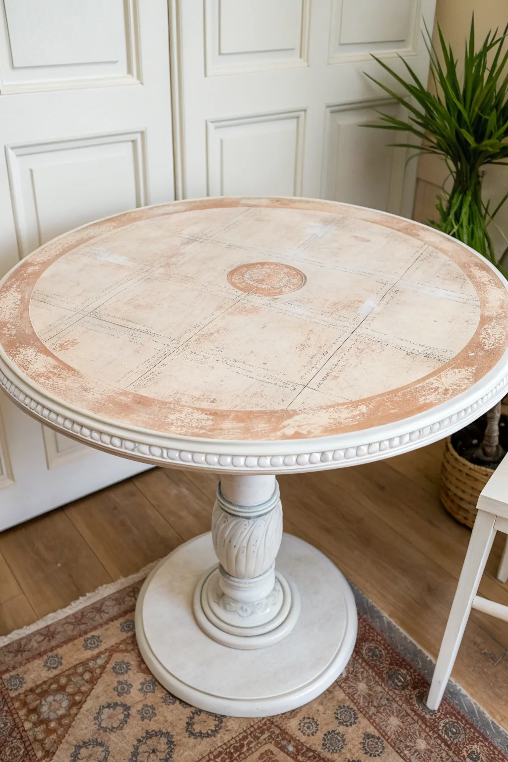 Soft paper collage peeking through a pale paint wash on a round tabletop, sealed smooth