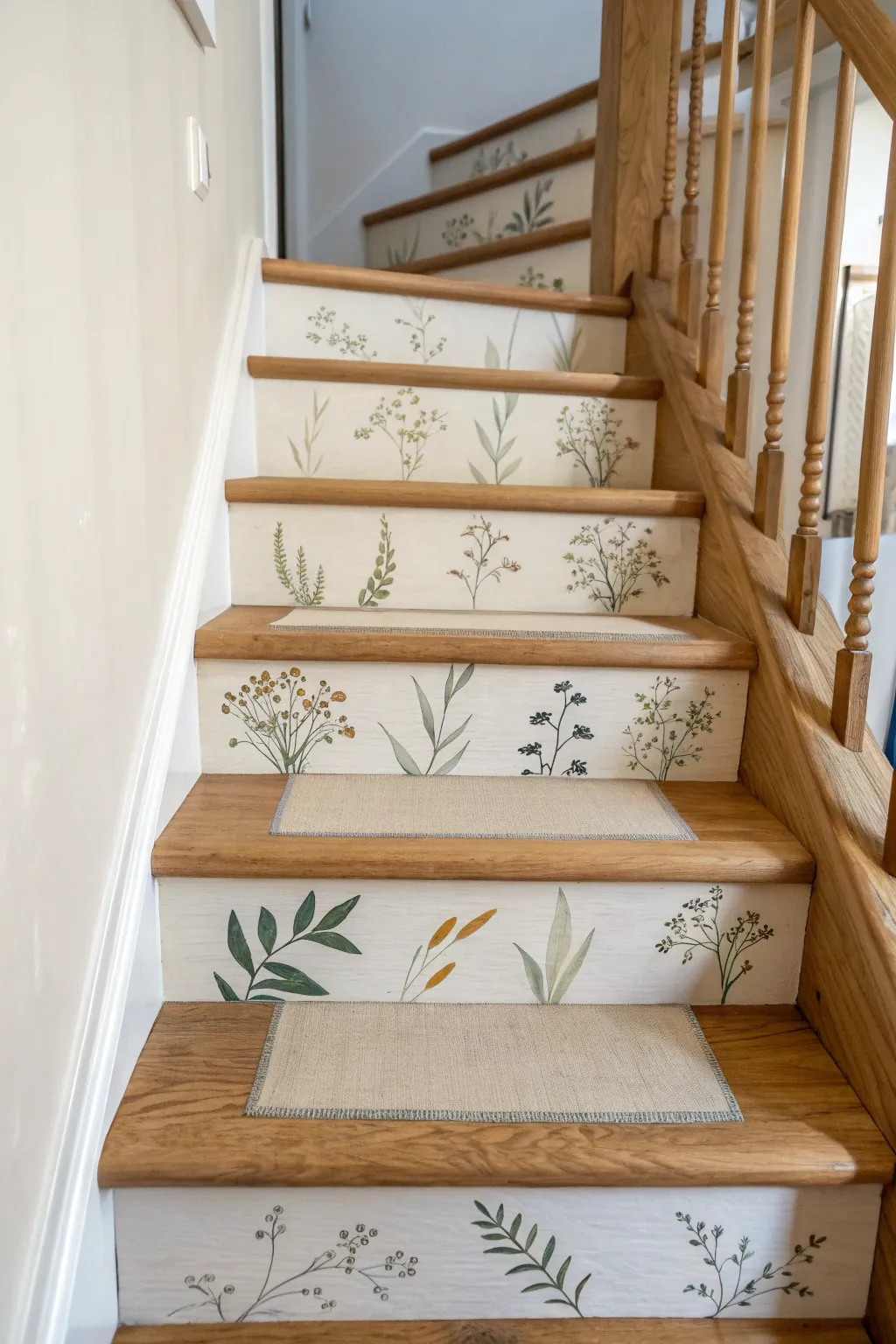 Mini mural stair risers with a simple runner for calm Scandinavian style and soft boho charm